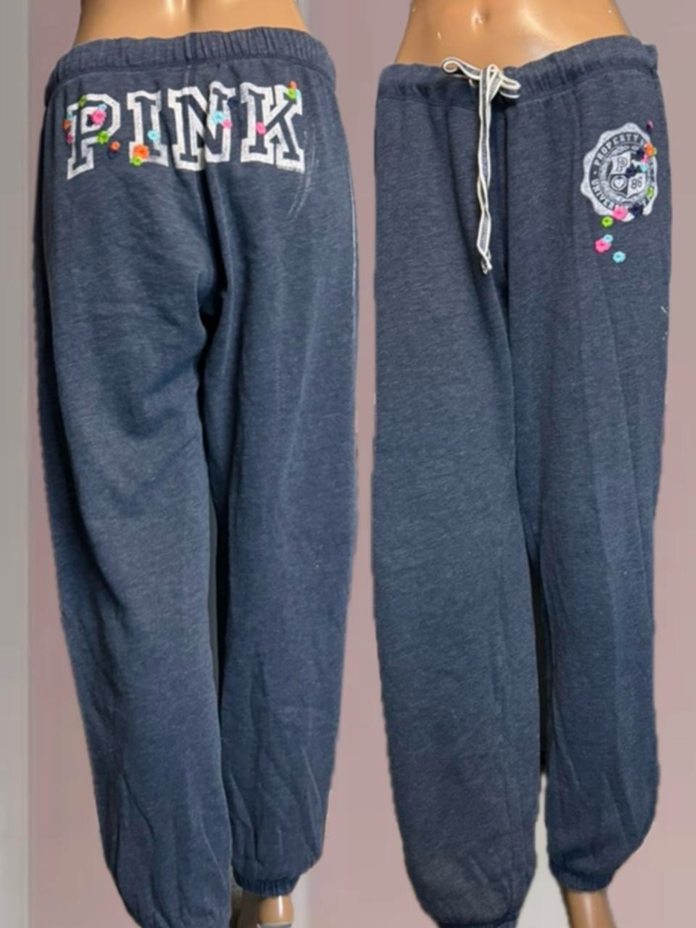 PINK VS Pink Oversized Sweatpants W/ Butt Logo & Flower Embroidery